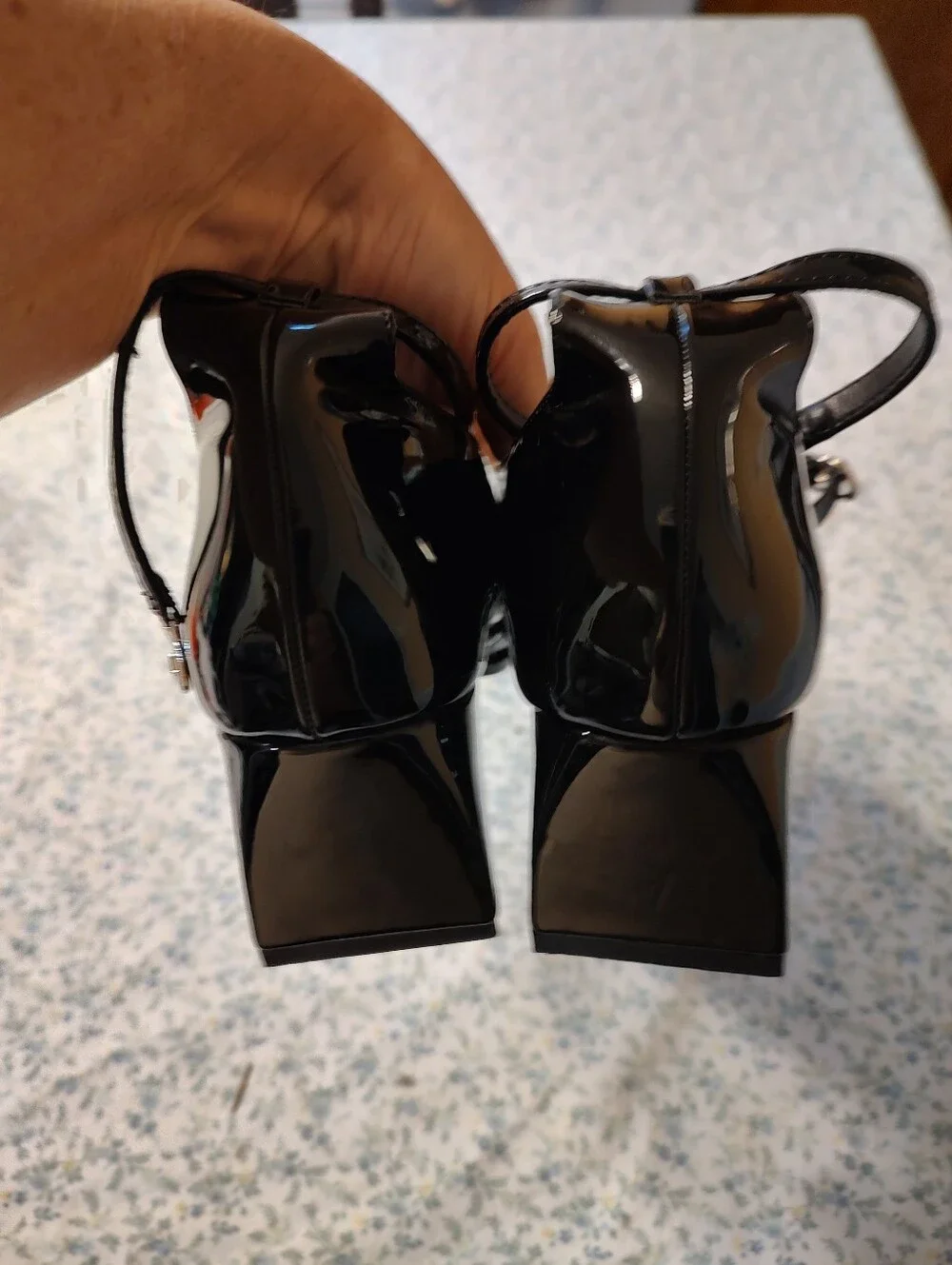 Newbella Women's Black Vegan Patent Leather Mary Jane Ankle Strap Heels 6
